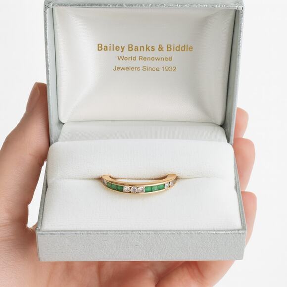 Bailey Banks Biddle 2CT TOTAL Emerald/Diamond 14KT Yellow Gold Eternity Ring 5 - Picture 3 of 13